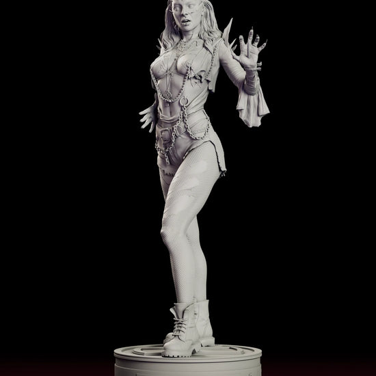 Rotating 360 degree view of the Julie Walker figure model kit showing the pierced and chained figure standing on the lid of a Trioxin drum