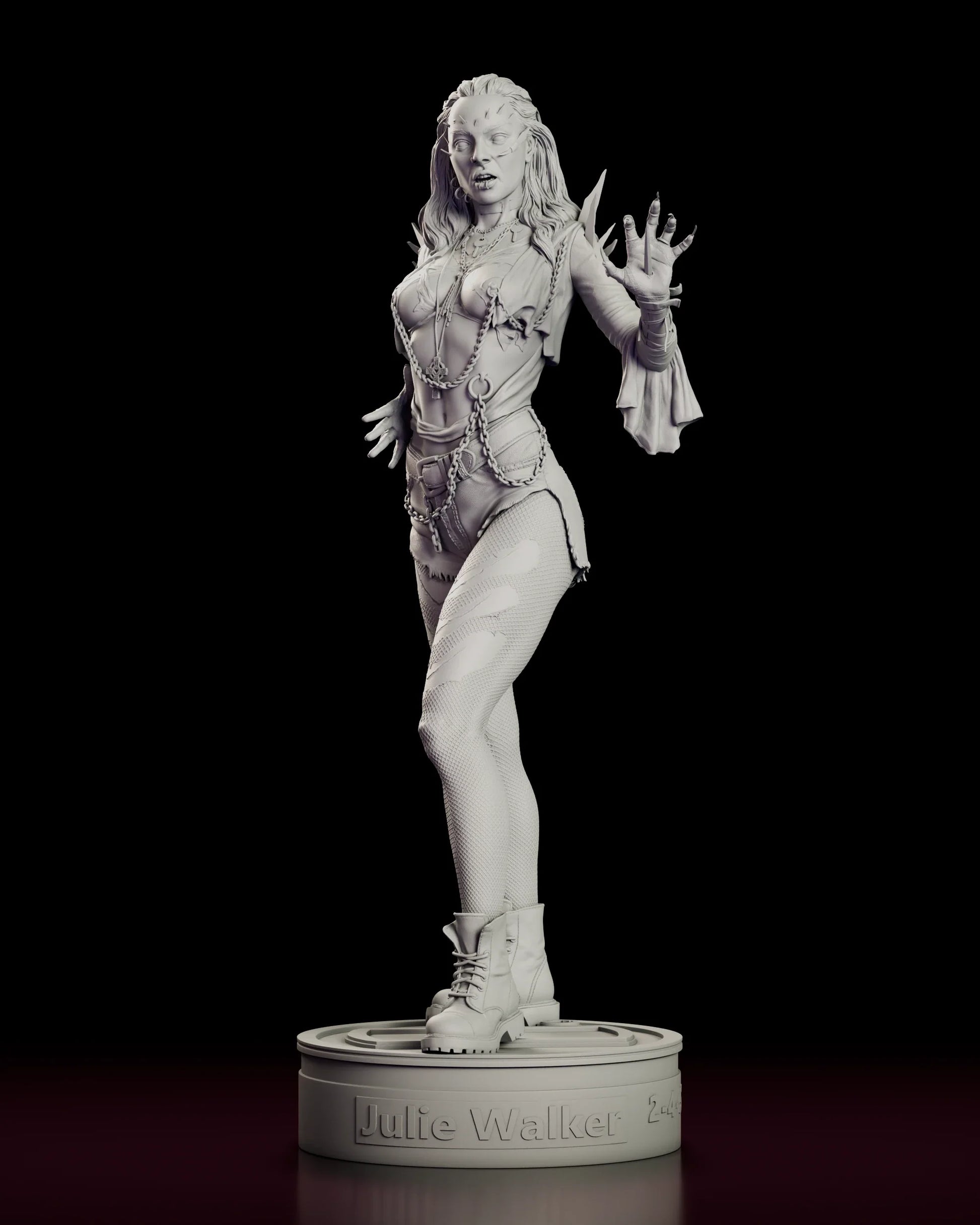 Rotating 360 degree view of the Julie Walker figure model kit showing the pierced and chained figure standing on the lid of a Trioxin drum