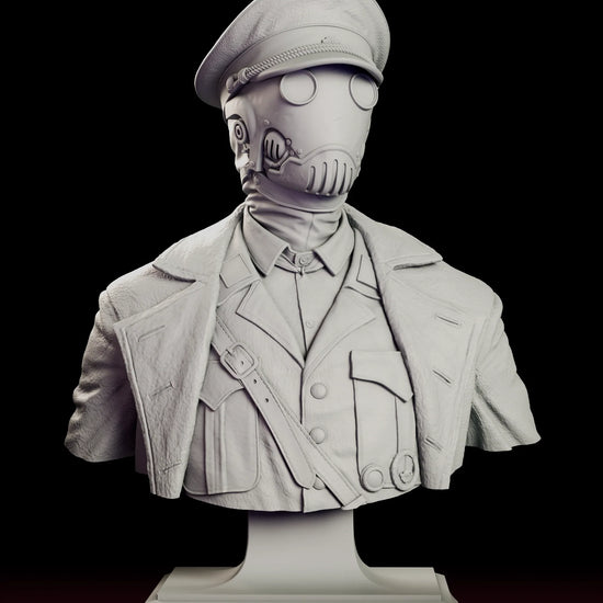 Rotating view of the Karl Kroenen bust figure model kit showing the lensed mask, peaked cap and greatcoat on a stepped plinth