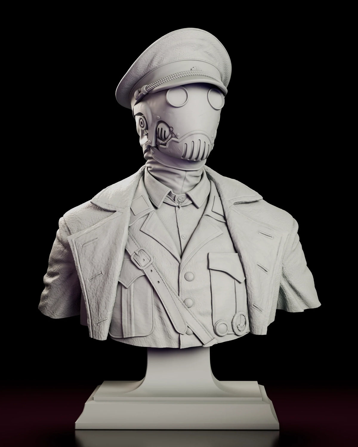Rotating view of the Karl Kroenen bust figure model kit showing the lensed mask, peaked cap and greatcoat on a stepped plinth