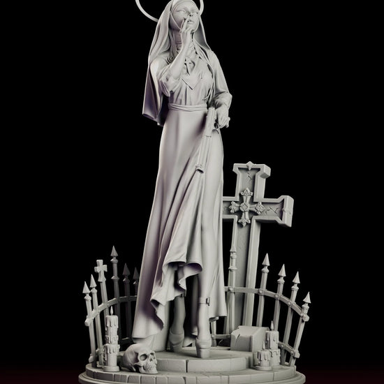 Rotating turntable view of the Last Rites Sister Mercy resin figure model kit, showing the full cemetery base, halo and gothic cross from every angle.