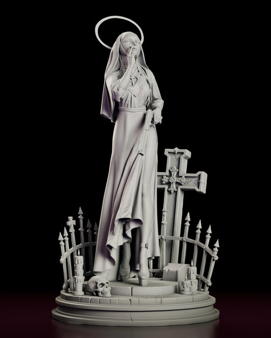 Rotating turntable view of the Last Rites Sister Mercy resin figure model kit, showing the full cemetery base, halo and gothic cross from every angle.