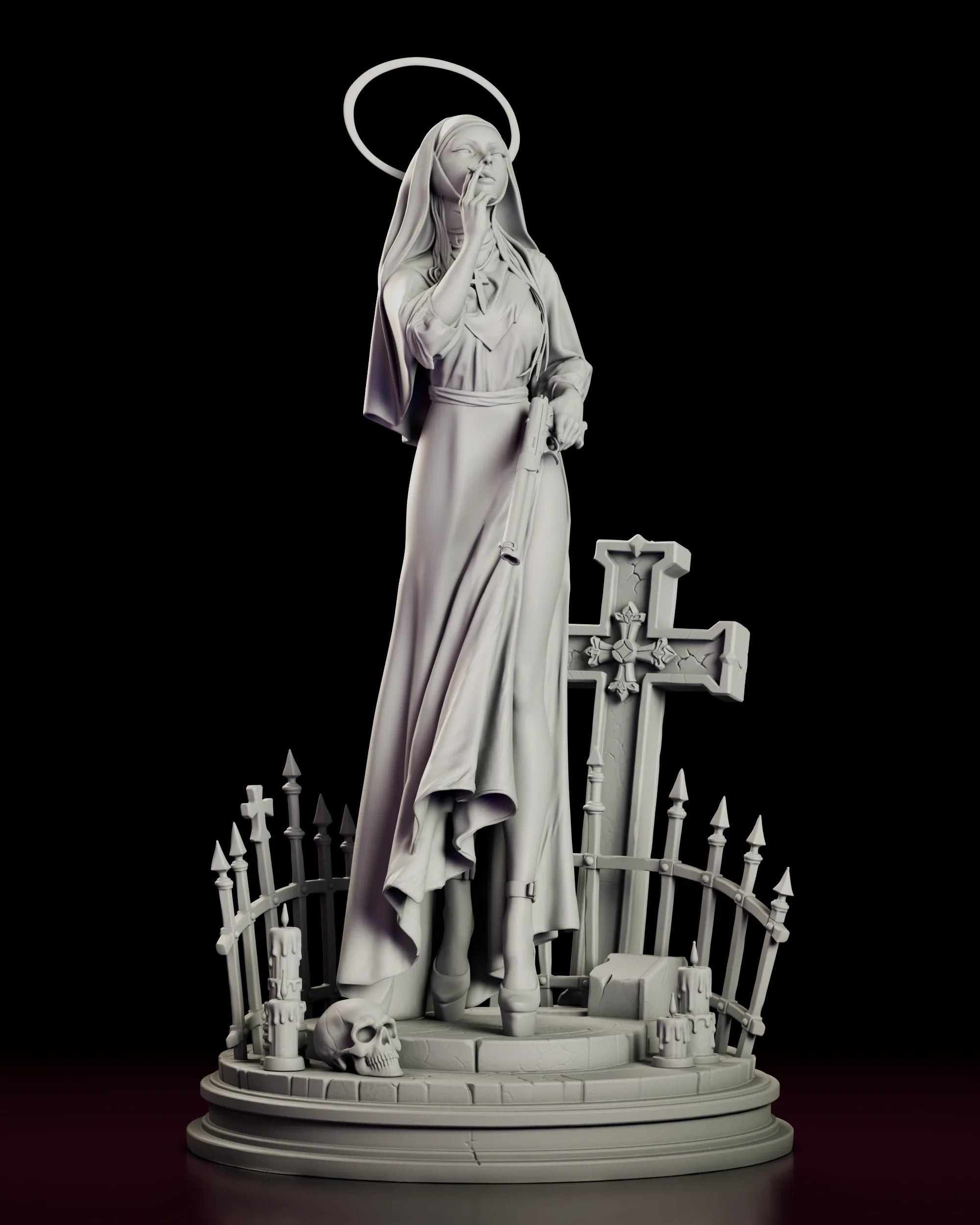 Rotating turntable view of the Last Rites Sister Mercy resin figure model kit, showing the full cemetery base, halo and gothic cross from every angle.