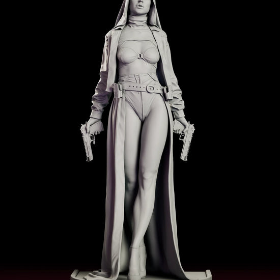 Rotating turntable view of the Lead Us Into Temptation Sister Grace resin figure model kit, showing the veil, the cropped jacket and long skirt panels and the twin pistols from every angle.