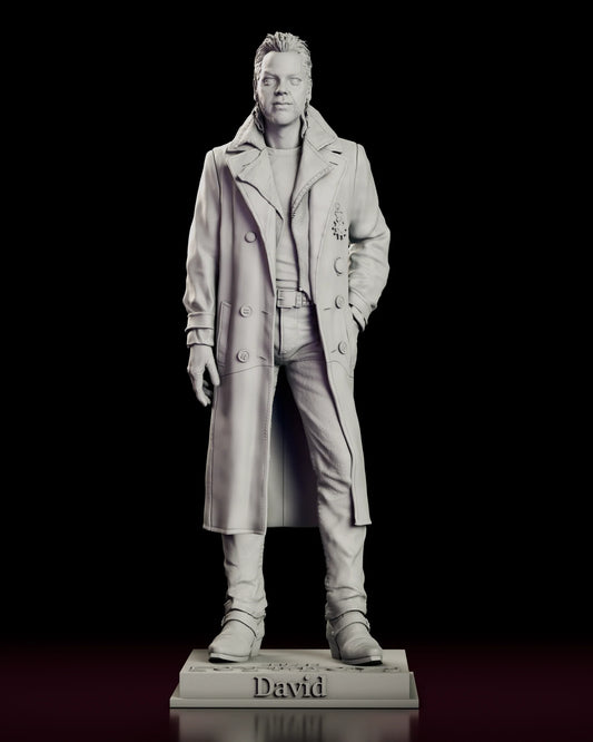 A 360 degree turntable view of the David figure model kit, showing the leader of the Lost Boys standing at ease in a long open coat on a lettered nameplate base