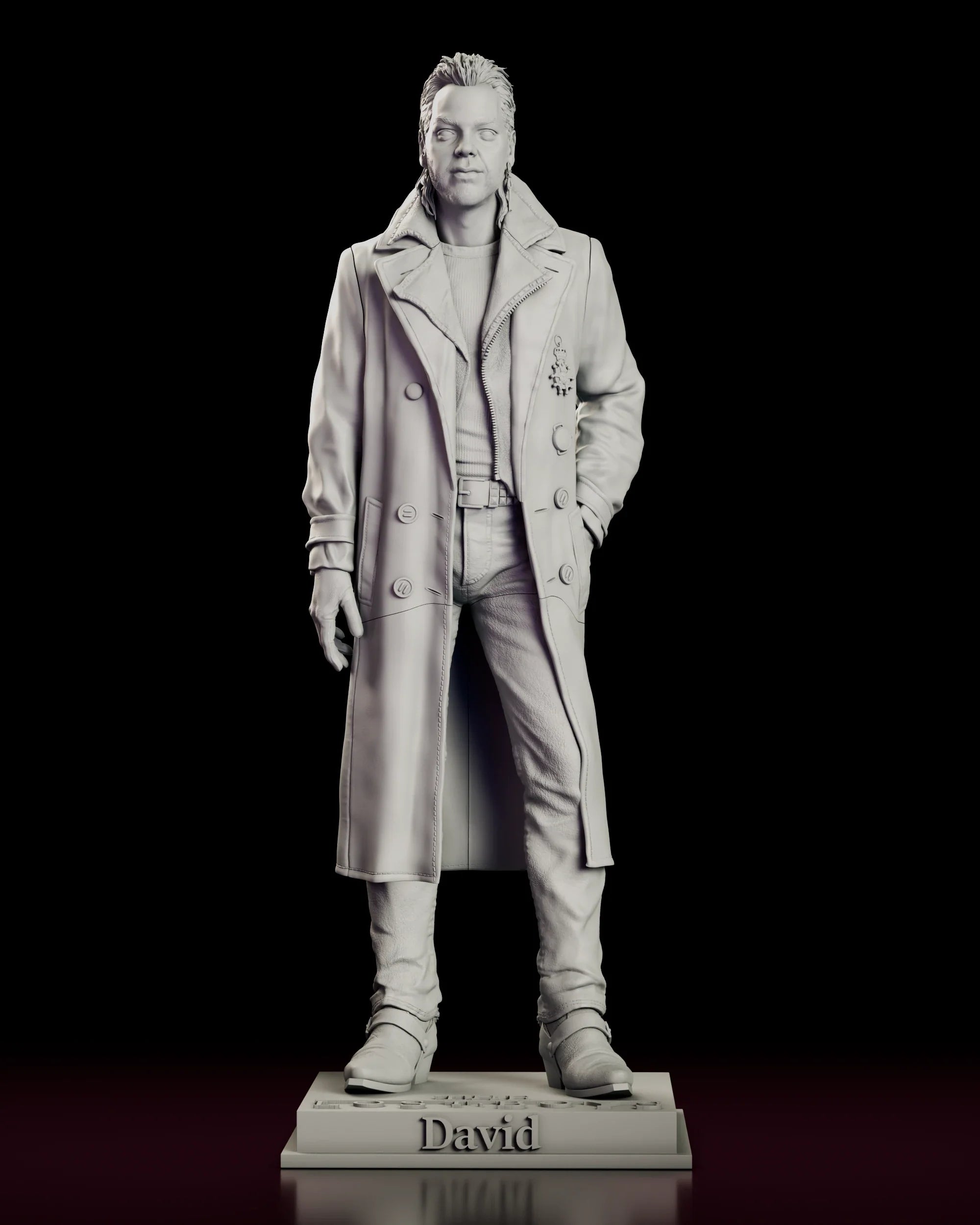 A 360 degree turntable view of the David figure model kit, showing the leader of the Lost Boys standing at ease in a long open coat on a lettered nameplate base
