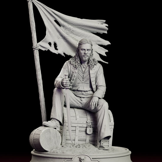 Rotating view of the Long John Silver figure model kit seated on a treasure chest beneath a torn pirate flag on a nameplate base