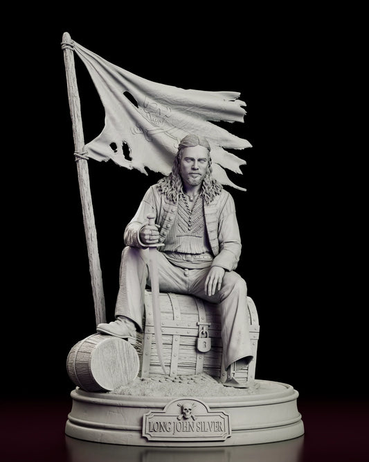 Rotating view of the Long John Silver figure model kit seated on a treasure chest beneath a torn pirate flag on a nameplate base