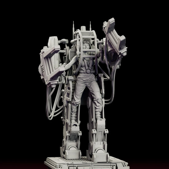 Rotating view of the Ripley in the Power Loader figure model kit showing the operator harnessed inside the exosuit cage with both claw arms raised above an industrial deck-plate base