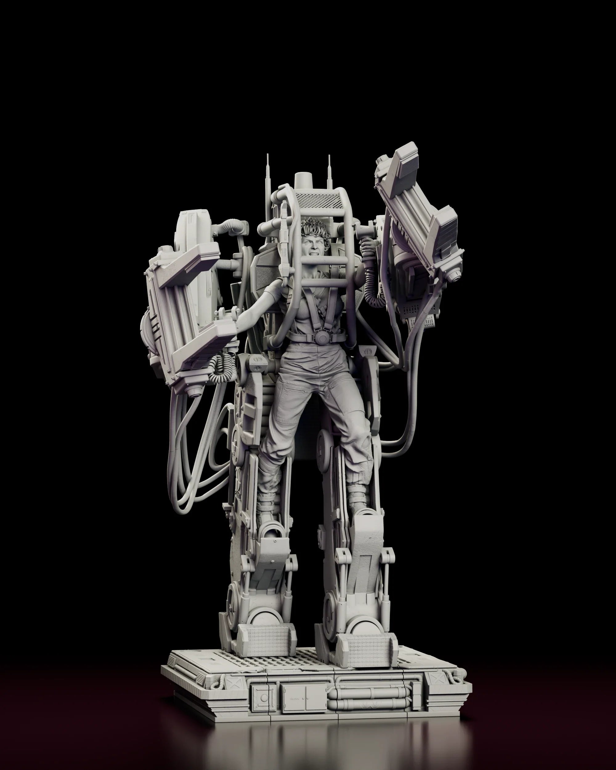 Rotating view of the Ripley in the Power Loader figure model kit showing the operator harnessed inside the exosuit cage with both claw arms raised above an industrial deck-plate base