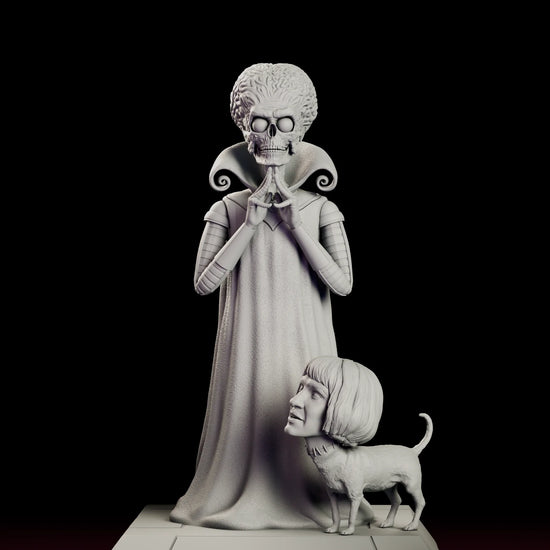 Rotating view of the Mars Attacks figure model kit showing the robed Martian ambassador and the head-swapped dog on a plinth carved with the film logo