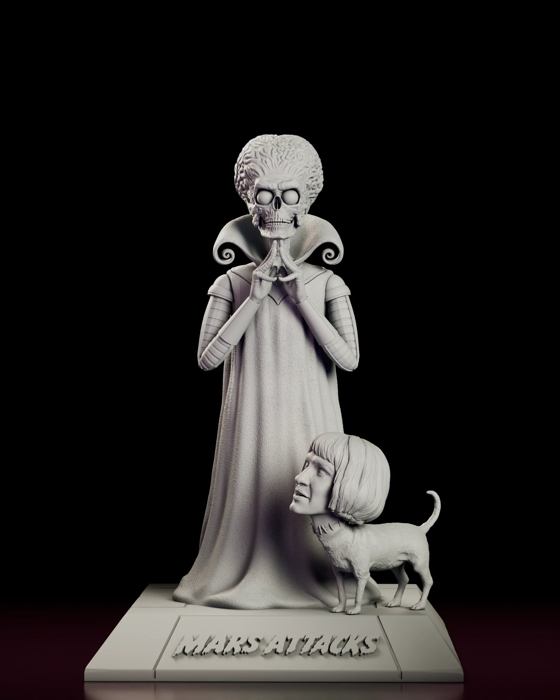 Rotating view of the Mars Attacks figure model kit showing the robed Martian ambassador and the head-swapped dog on a plinth carved with the film logo