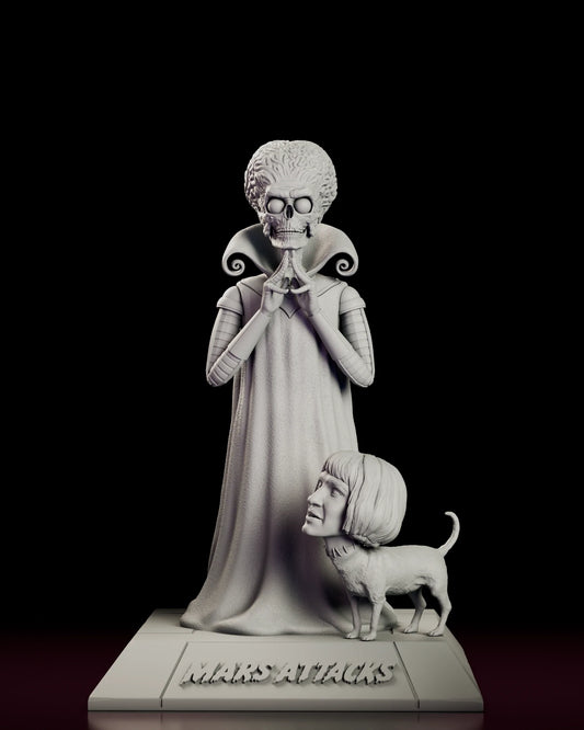 Rotating view of the Mars Attacks figure model kit showing the robed Martian ambassador and the head-swapped dog on a plinth carved with the film logo