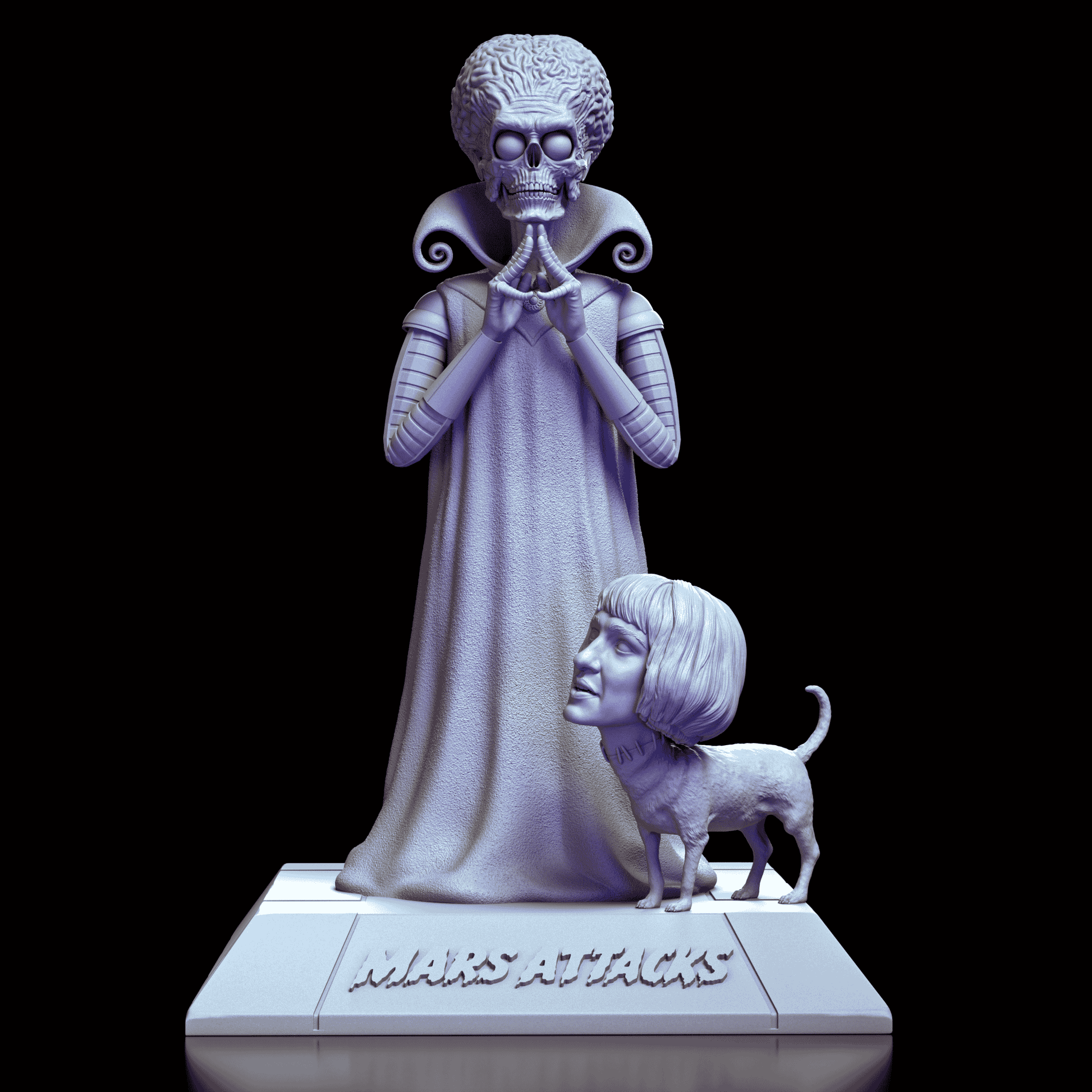 360° turntable view of the Mars Attacks! Martian Leader and Natalie Lake Dog maquette rotating to reveal every angle of the skeletal Martian brain sculpture and human-headed dog companion
