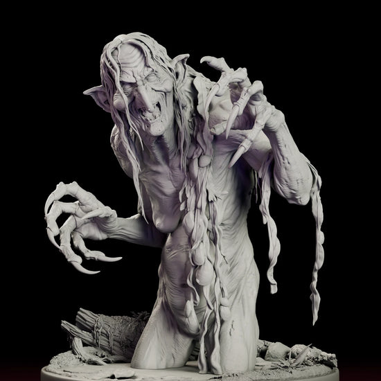 Rotating view of the Meg Mucklebones figure model kit rising waist-deep from swamp water with clawed hands raised on a round base