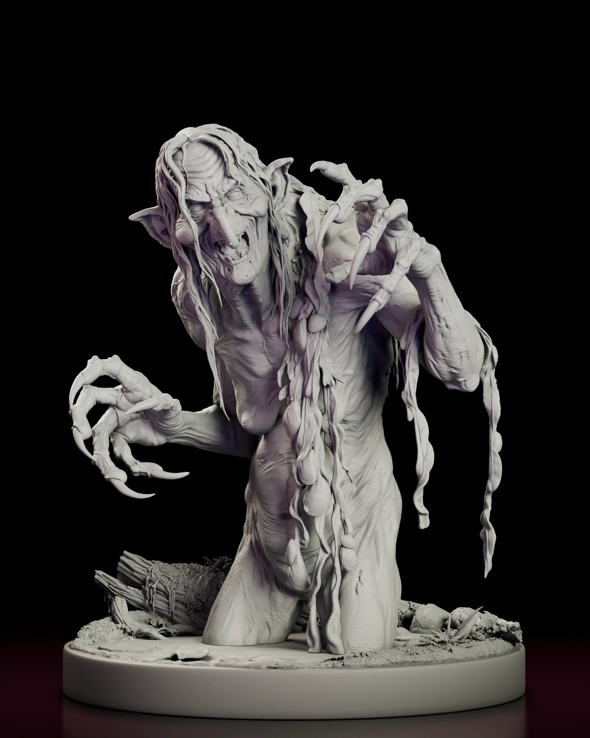 Rotating view of the Meg Mucklebones figure model kit rising waist-deep from swamp water with clawed hands raised on a round base