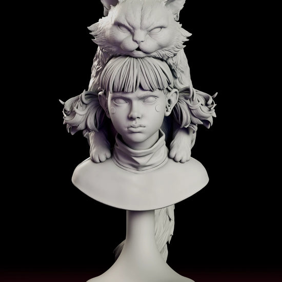Rotating view of the Moki and Wasabi figure model kit bust, a young girl with blunt bangs and a rolled turtleneck carrying a large long-haired cat draped over her head, on a turned pedestal base