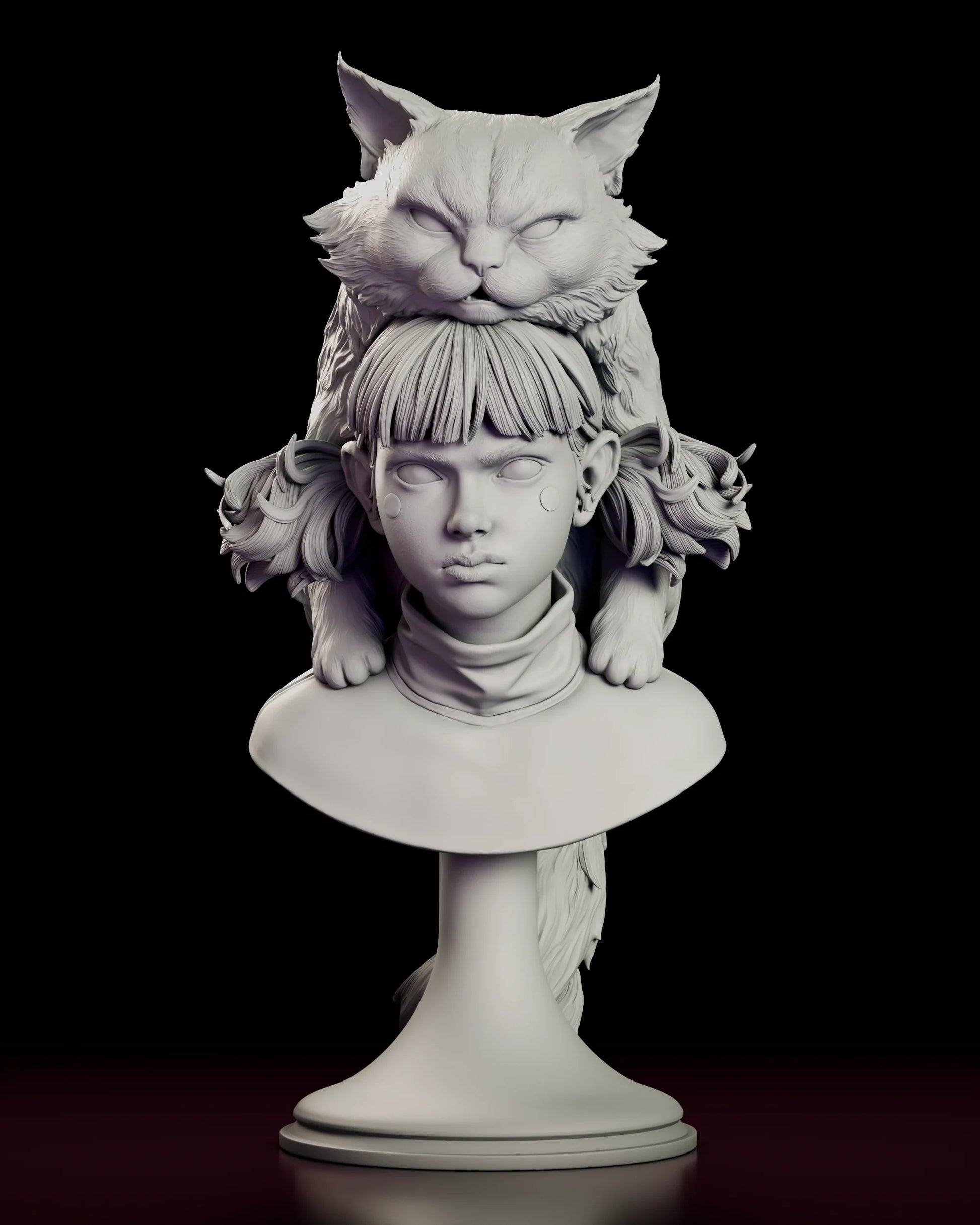 Rotating view of the Moki and Wasabi figure model kit bust, a young girl with blunt bangs and a rolled turtleneck carrying a large long-haired cat draped over her head, on a turned pedestal base