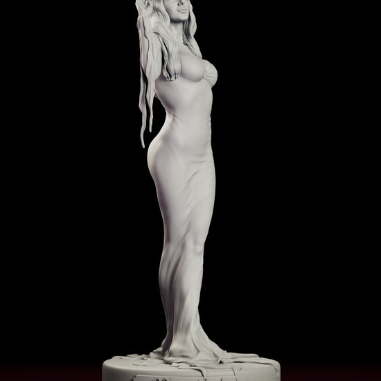 Rotating 360 degree view of the Morticia Addams figure model kit showing the full length gown, its trailing tendril hem and the named plinth base