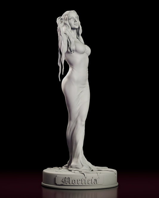 Rotating 360 degree view of the Morticia Addams figure model kit showing the full length gown, its trailing tendril hem and the named plinth base