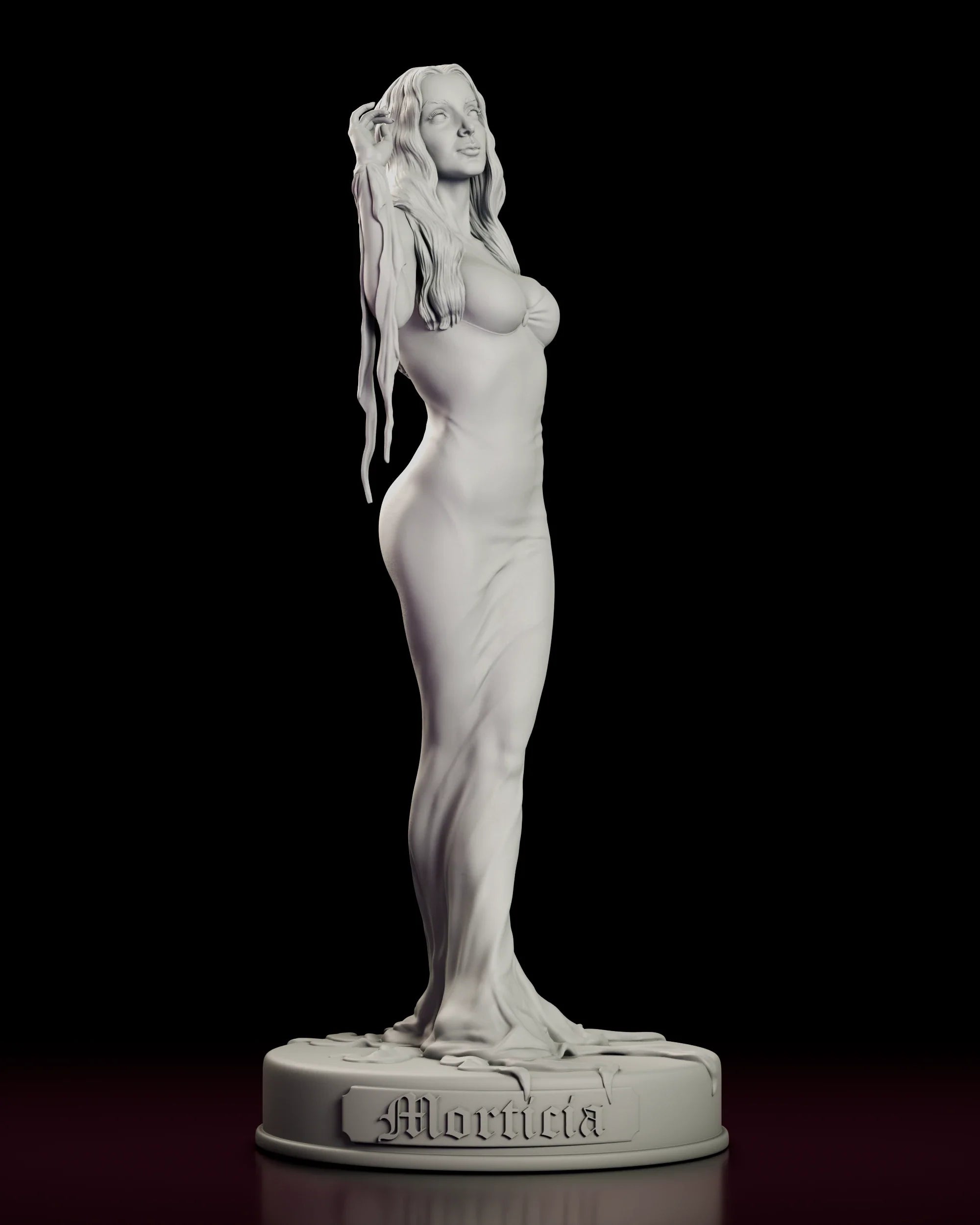 Rotating 360 degree view of the Morticia Addams figure model kit showing the full length gown, its trailing tendril hem and the named plinth base
