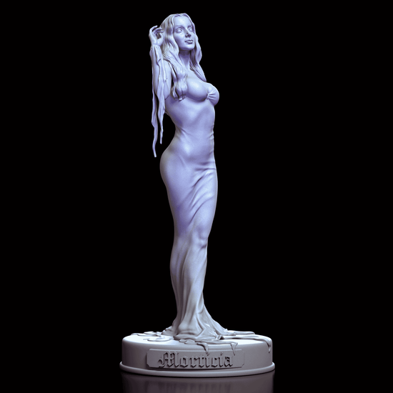 360-degree turntable view of Morticia Addams maquette by Dicklich Art, featuring iconic pose, draped gown, and flowing hair on engraved base