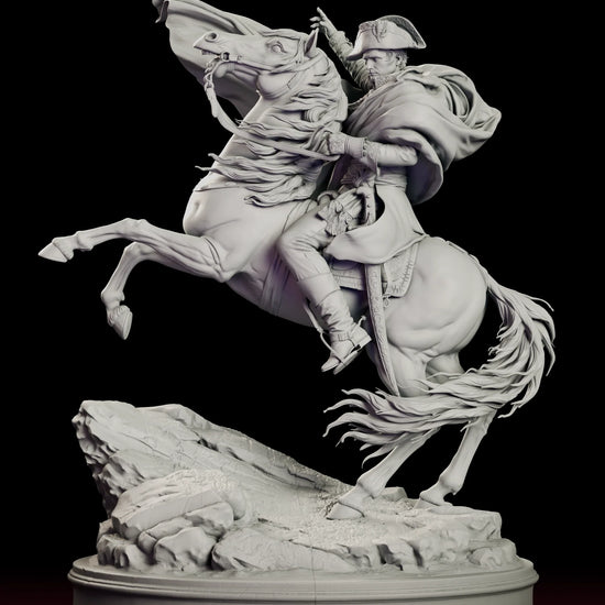Rotating view of the Napoleon Crossing the Alps figure model kit with Napoleon on a rearing horse, one arm raised, on a rocky slope and oval base