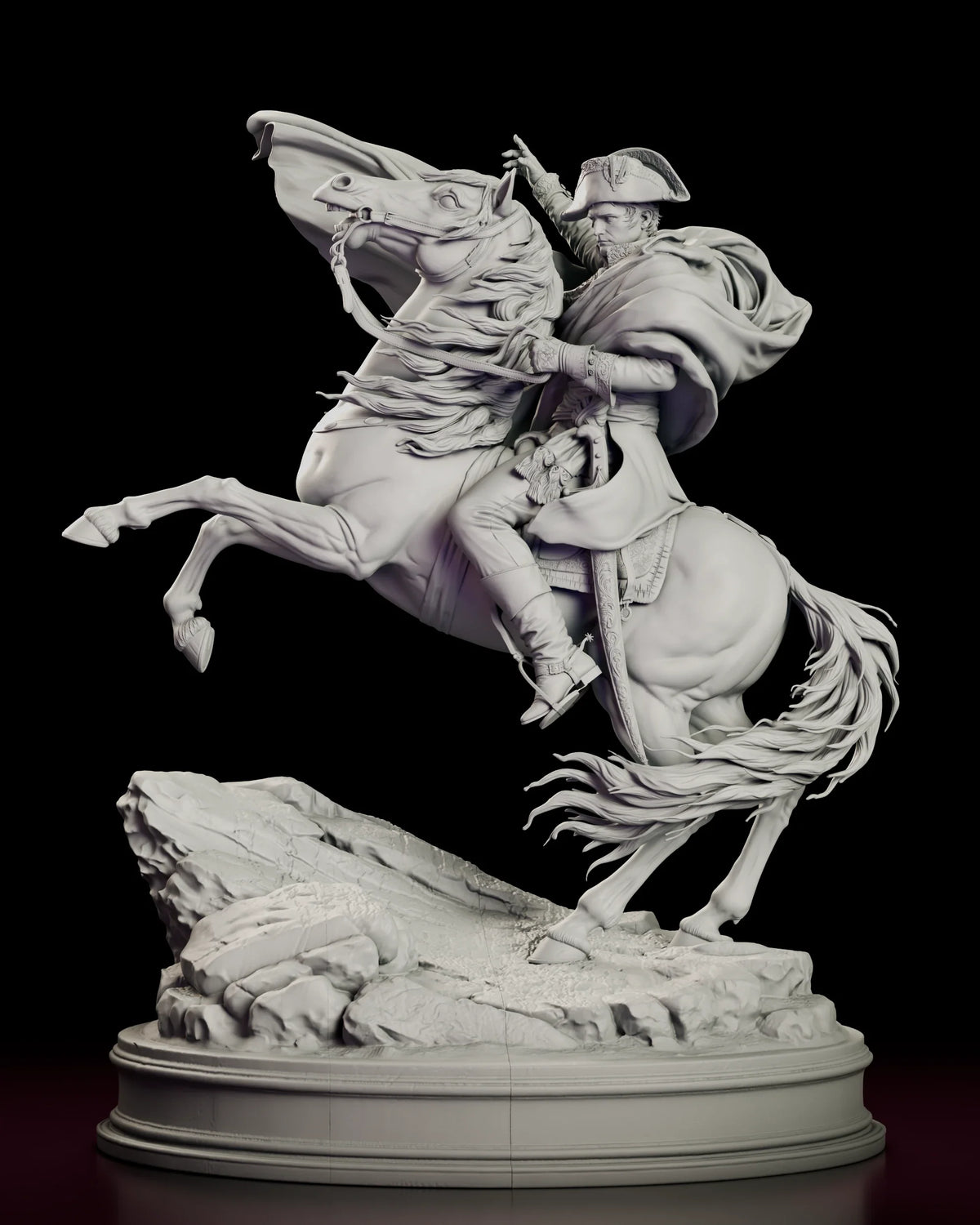 Rotating view of the Napoleon Crossing the Alps figure model kit with Napoleon on a rearing horse, one arm raised, on a rocky slope and oval base