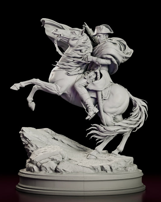 Rotating view of the Napoleon Crossing the Alps figure model kit with Napoleon on a rearing horse, one arm raised, on a rocky slope and oval base