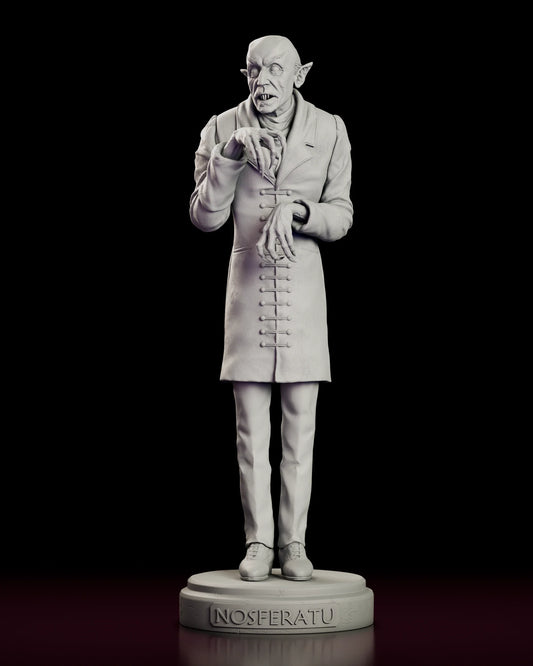 Rotating 360 degree view of the Count Orlok Nosferatu maquette figure model kit, showing the bald pointed-eared vampire in a long toggle-fastened frock coat with one clawed hand raised, standing on a stepped disc base