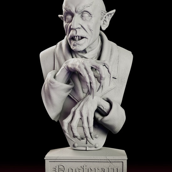 Rotating 360 degree view of the Count Orlok Nosferatu portrait bust model kit, showing the bald pointed-eared vampire with talons crossed at the chest above a carved stone plinth