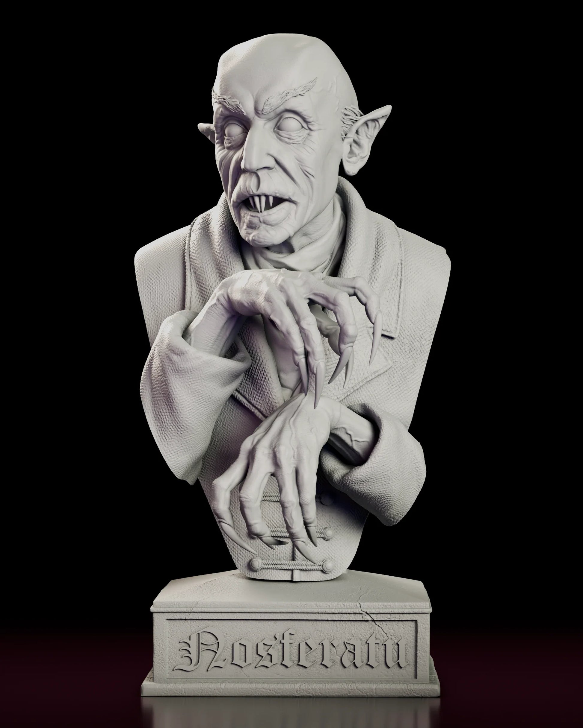 Rotating 360 degree view of the Count Orlok Nosferatu portrait bust model kit, showing the bald pointed-eared vampire with talons crossed at the chest above a carved stone plinth