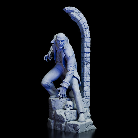 Full 360-degree view of the Nosferatu Figure Model Kit by Polymind Studios, showing Count Orlok’s hunched stance, clawed hands, and gothic stone base from all angles