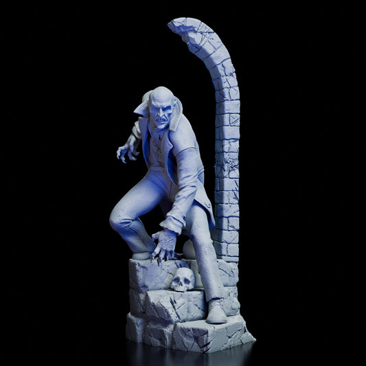 Full 360-degree view of the Nosferatu Figure Model Kit by Polymind Studios, showing Count Orlok’s hunched stance, clawed hands, and gothic stone base from all angles