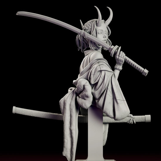 Turntable video of the Oni Demon Girl Bust figure model kit showing the horned swordswoman with a katana on her shoulder and its scabbard held across a tall pedestal
