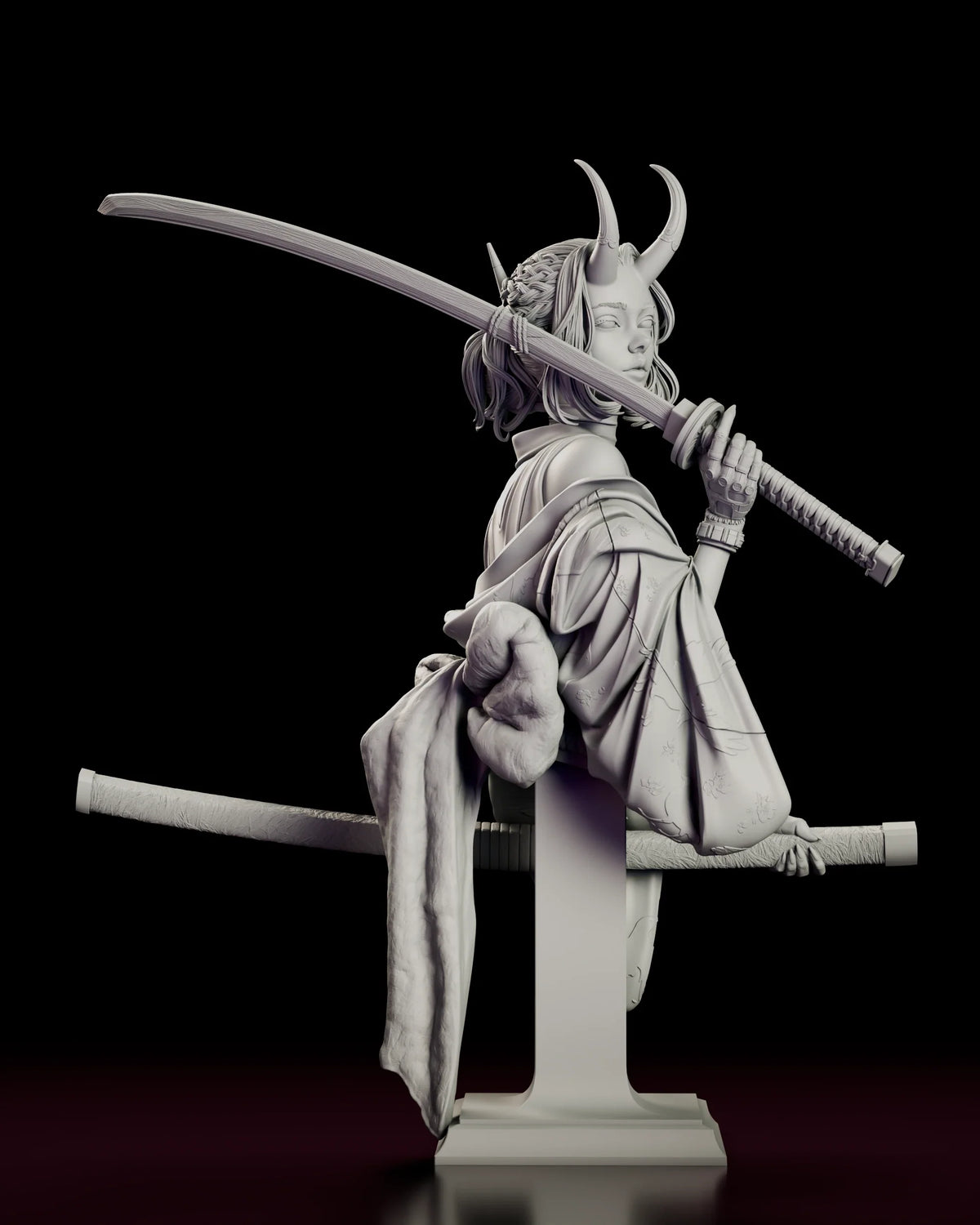 Turntable video of the Oni Demon Girl Bust figure model kit showing the horned swordswoman with a katana on her shoulder and its scabbard held across a tall pedestal