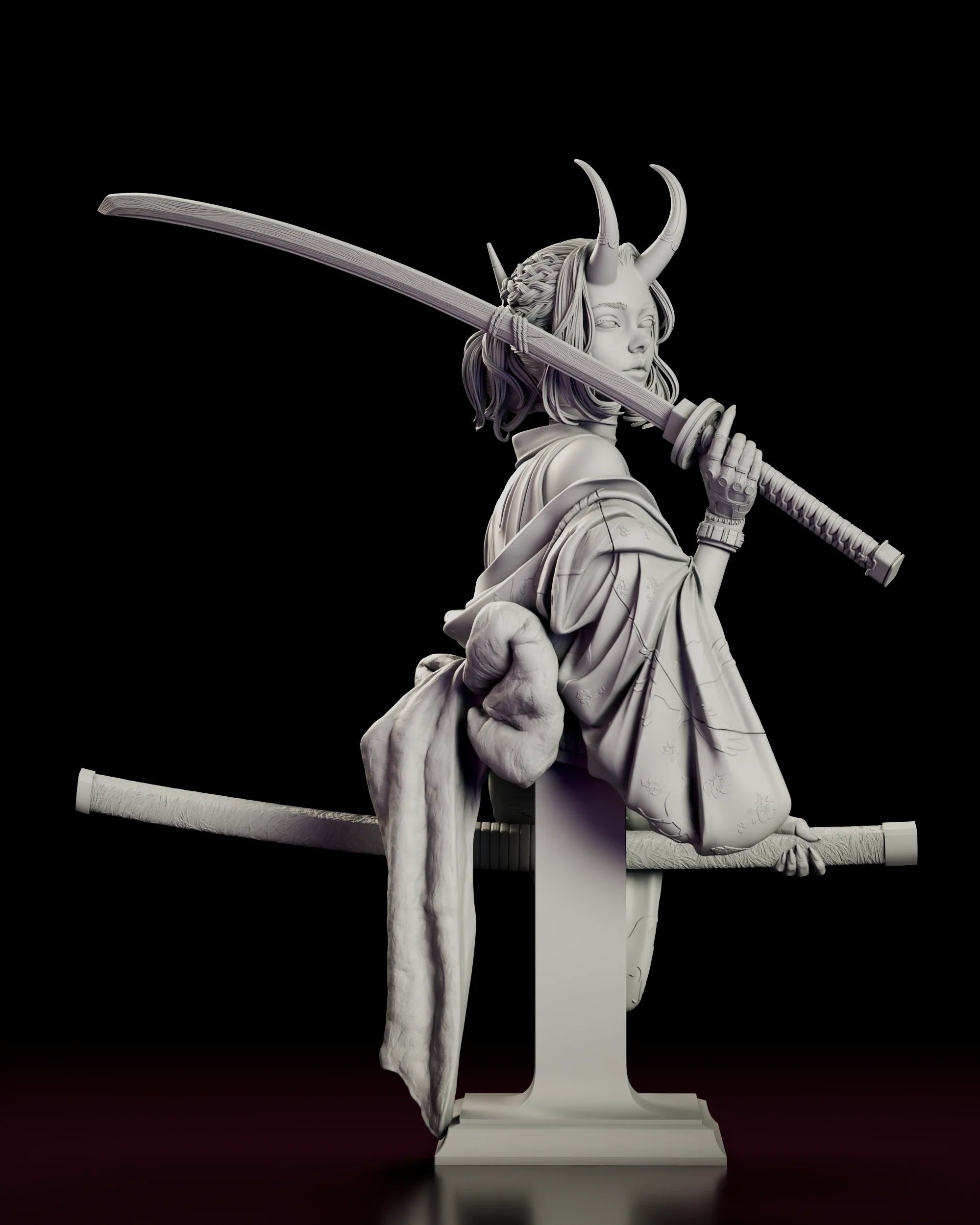 Turntable video of the Oni Demon Girl Bust figure model kit showing the horned swordswoman with a katana on her shoulder and its scabbard held across a tall pedestal