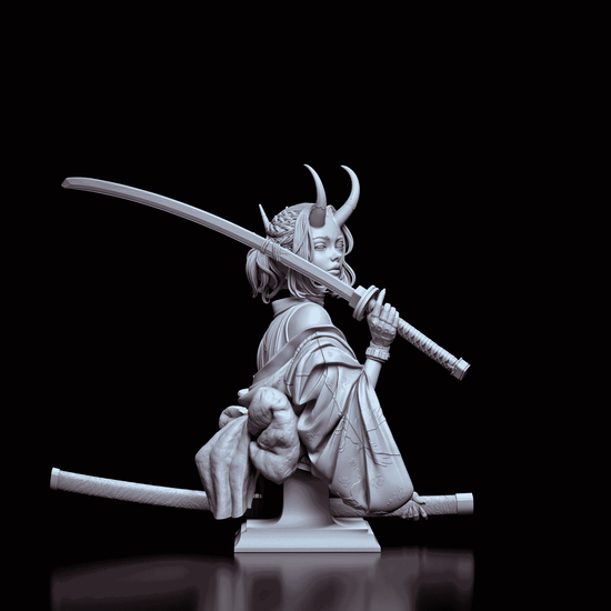 Turntable view of the Oni Demon Girl Bust showcasing the drawn katana sword, oni horns, and the detailed geometric display base.