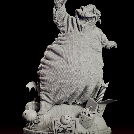 Rotating 360 degree view of the Oogie Boogie figure model kit showing the sack bodied boogeyman with one arm raised, standing over pumpkins and a jack-in-the-box on a cobblestone base