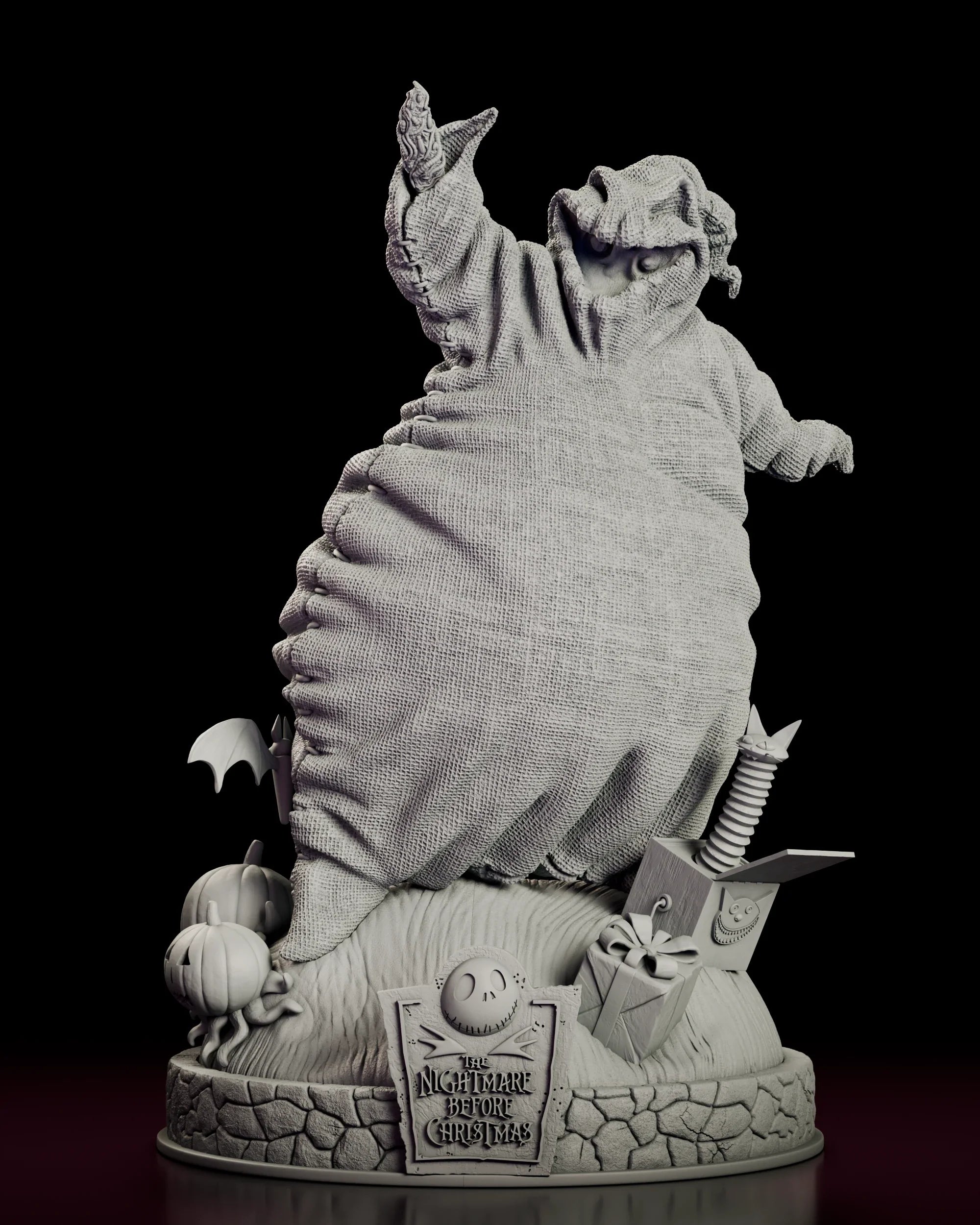 Rotating 360 degree view of the Oogie Boogie figure model kit showing the sack bodied boogeyman with one arm raised, standing over pumpkins and a jack-in-the-box on a cobblestone base