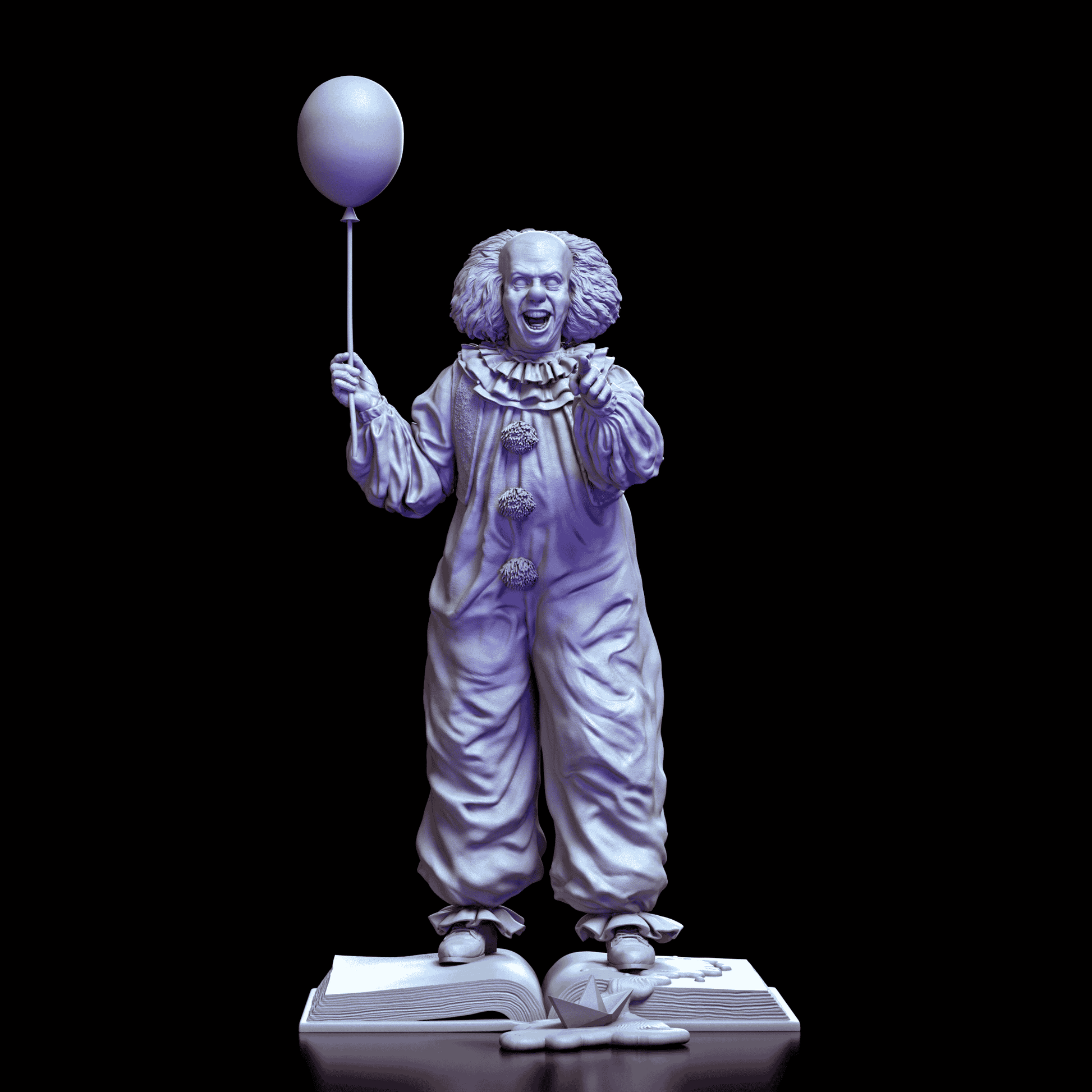 360-degree turntable video showing the Pennywise maquette by Diklich Art, featuring detailed front, back, and side views, interchangeable good and evil heads and arms, and the dripping book base in high-quality resin 