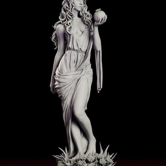 Turntable video of the Persephone Keeper of Seasons figure model kit showing the goddess in a flower crown holding a pomegranate on a grassy base