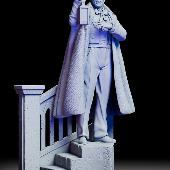 360 degree turntable view of the Phantom gothic opera figure model kit showing the masked figure holding a lantern atop a detailed staircase base with flowing cloak and dramatic gothic presence