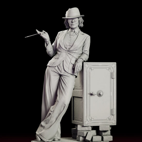 Rotating view of the Polly Gray figure model kit leaning against a period safe with a cigarette holder raised