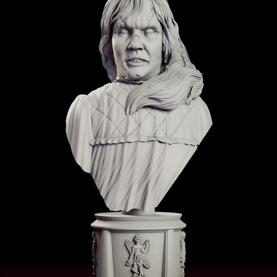 Rotating view of the Possessed by Pazuzu Regan bust figure model kit, a possessed girl with white eyes and a split, scratched face above a quilted nightgown on a plinth carrying a winged demon relief