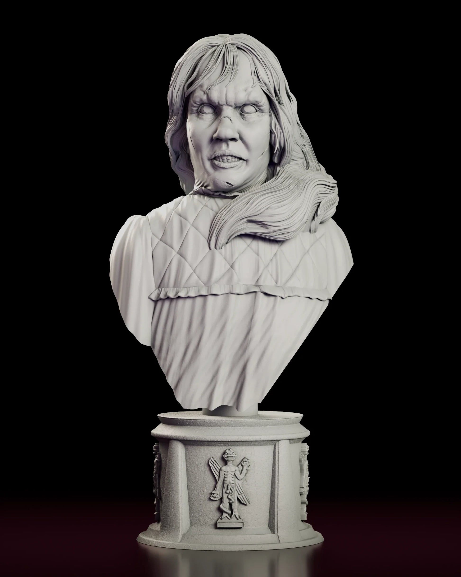 Rotating view of the Possessed by Pazuzu Regan bust figure model kit, a possessed girl with white eyes and a split, scratched face above a quilted nightgown on a plinth carrying a winged demon relief