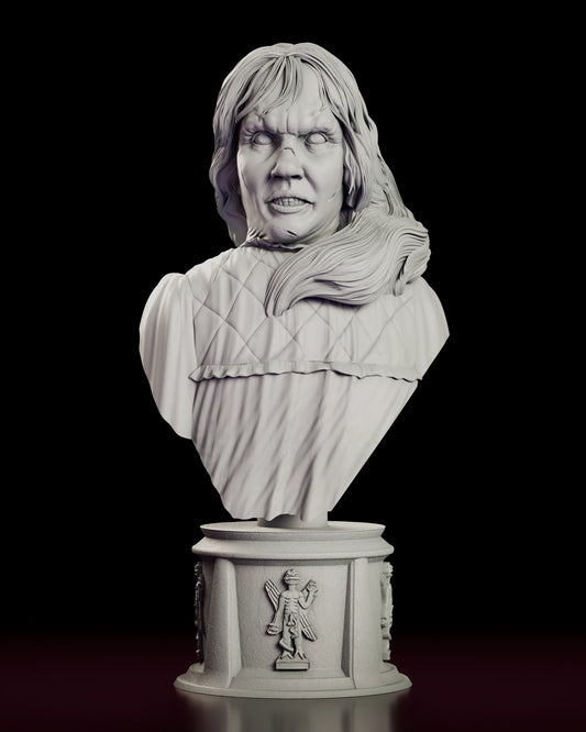 Rotating view of the Possessed by Pazuzu Regan bust figure model kit, a possessed girl with white eyes and a split, scratched face above a quilted nightgown on a plinth carrying a winged demon relief