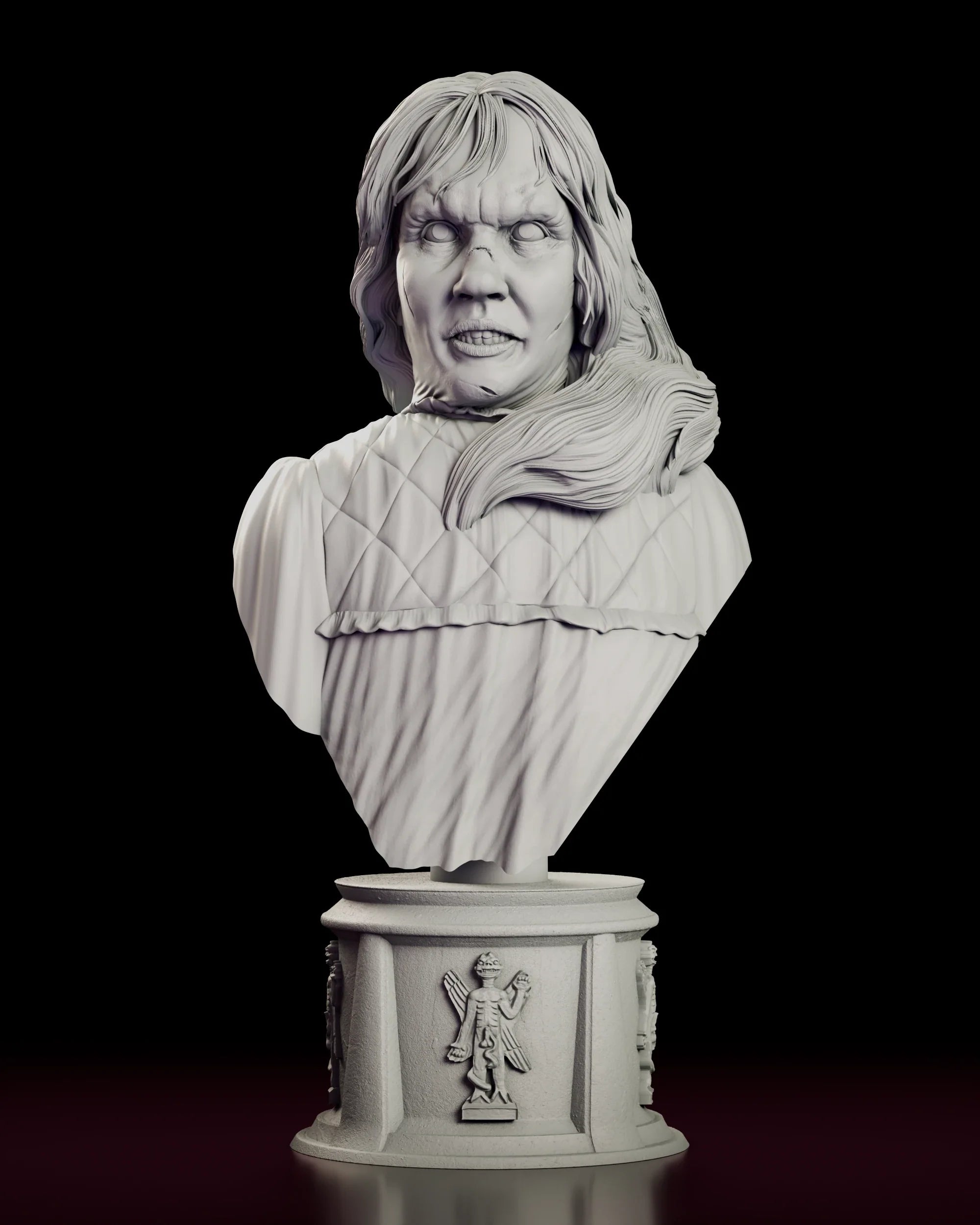 Rotating view of the Possessed by Pazuzu Regan bust figure model kit, a possessed girl with white eyes and a split, scratched face above a quilted nightgown on a plinth carrying a winged demon relief