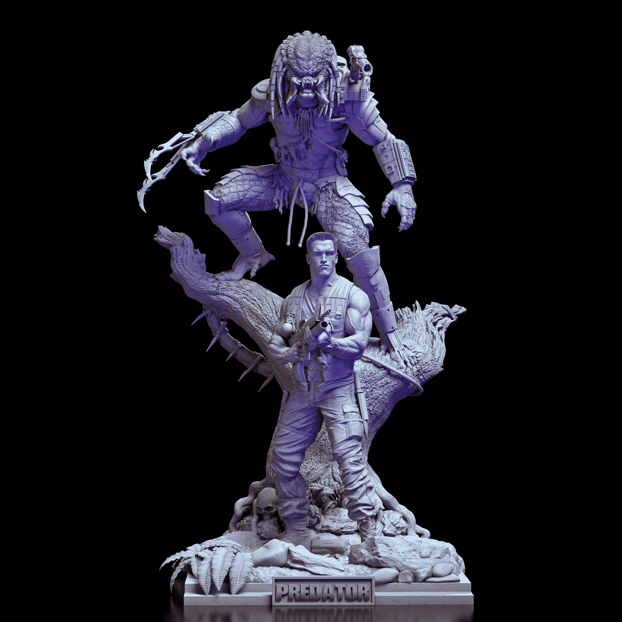 Full 360-degree turntable of Predator vs Dutch diorama kit featuring a detailed jungle base, Arnold’s Dutch character, and the Predator posed above