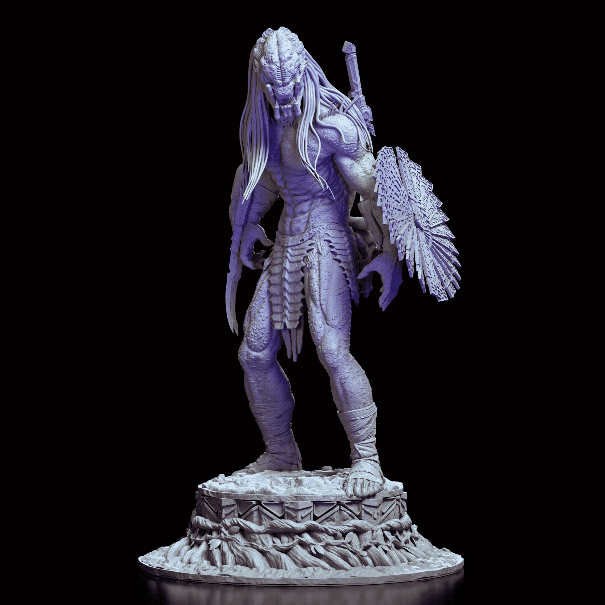 360-degree view of the Predator figure model kit showing detailed armor, shield, dreadlocks, and dynamic pose on a textured jungle base
